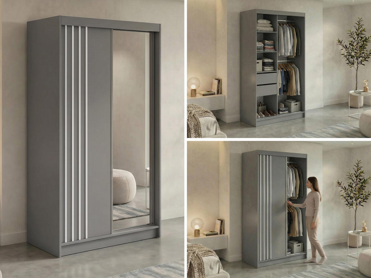 SCHWEBETÜRENSCHRANK mit Lamellen, Spiegel und Schubladen DIANA - 120 - Grau und Weiß - Alufarben/Weiß, Holzwerkstoff/Metall (120/216/61cm) - MKS