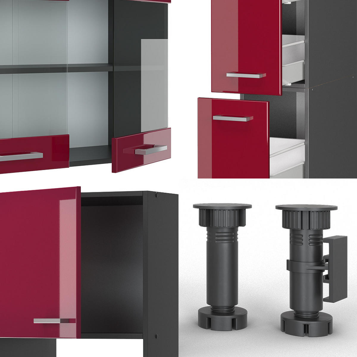 KÜCHENZEILE R-Line Rot Hochglanz/Anthrazit 350 cm mit Hochschrank, ohne Arbeitsplatte - Anthrazit/Rot, Holzwerkstoff (350/81.6/46cm) - Vicco