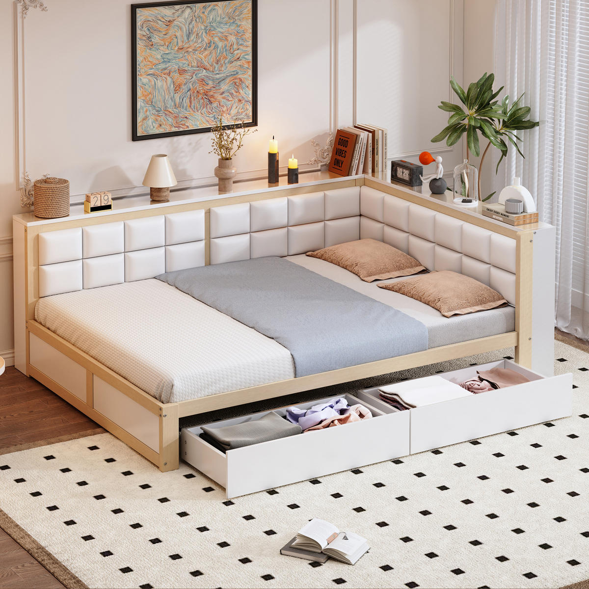 BETT mit weicher Rückenlehne Kiefernholz 140/200 cm mit Stauraum - Weiß, Holz (140/200cm) - OKWISH