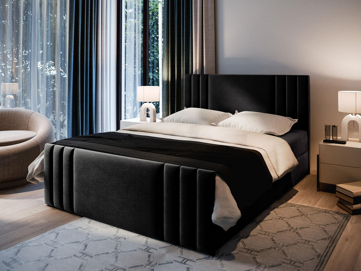 BOXBETT KANES 180x200 cm mit Matratze und Topper - Schwarz - Schwarz, Holz (180/200cm) - MASSENO