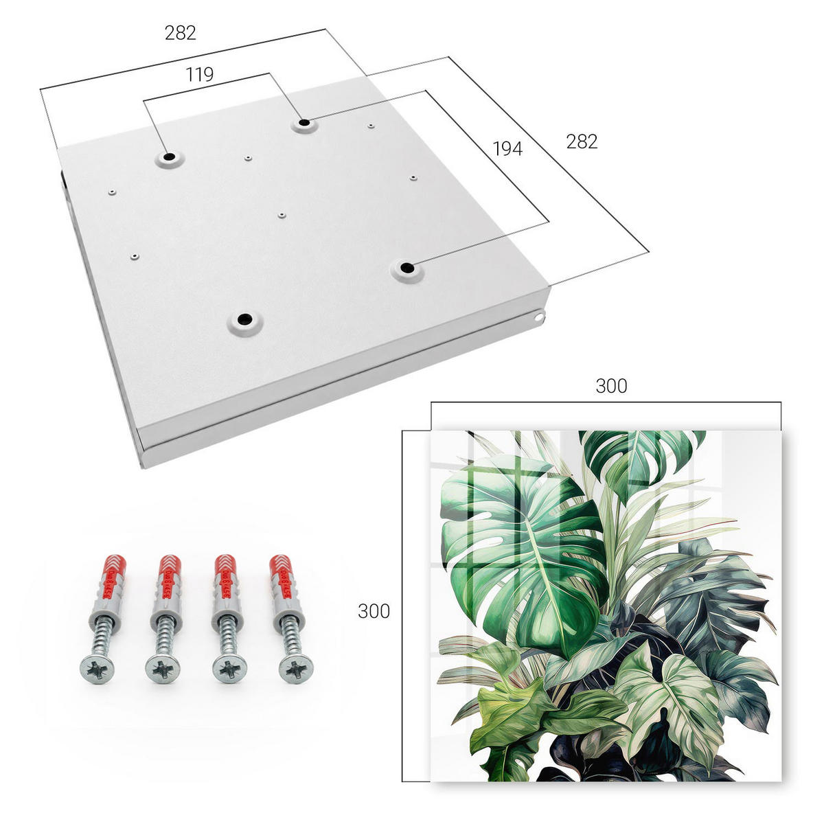 SCHLÜSSELBOX Weiß 30x30 cm – Türöffnung nach rechts - Exotische Blätter - Grün, Metall (30/30/5cm) - TULUP