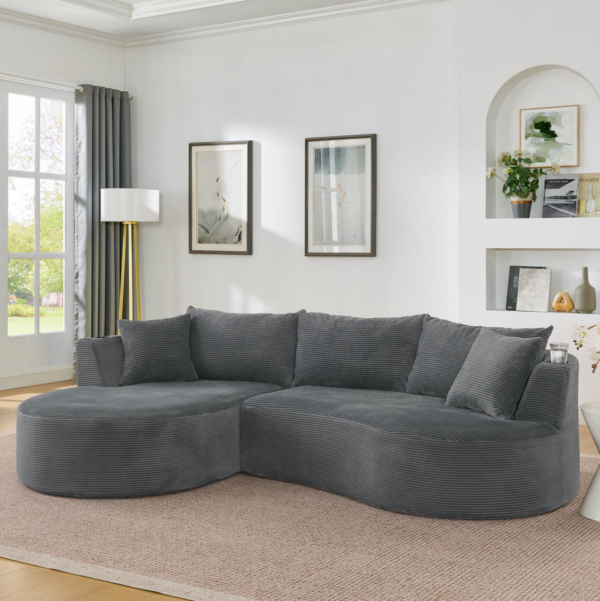 SOFA 3-Sitzer bogenförmig Kordstoff Grau mit Getränkehaltern - Grau, Textil (168/264cm) - Meubliv