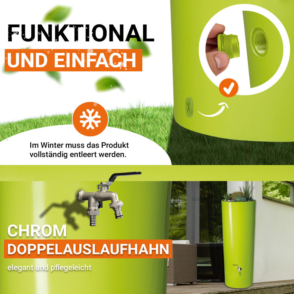 2IN1 Regentonne Komplett-Set 350 L, apple inkl. Chrom-Doppelauslaufhahn und Fallrohranschluss - Grün, Kunststoff (62/150/80cm) - GARANTIA