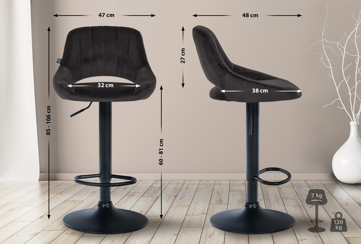 BARHOCKER 2er Set Samt schwarz - Schwarz, Textil (47/85/48cm) - CLP