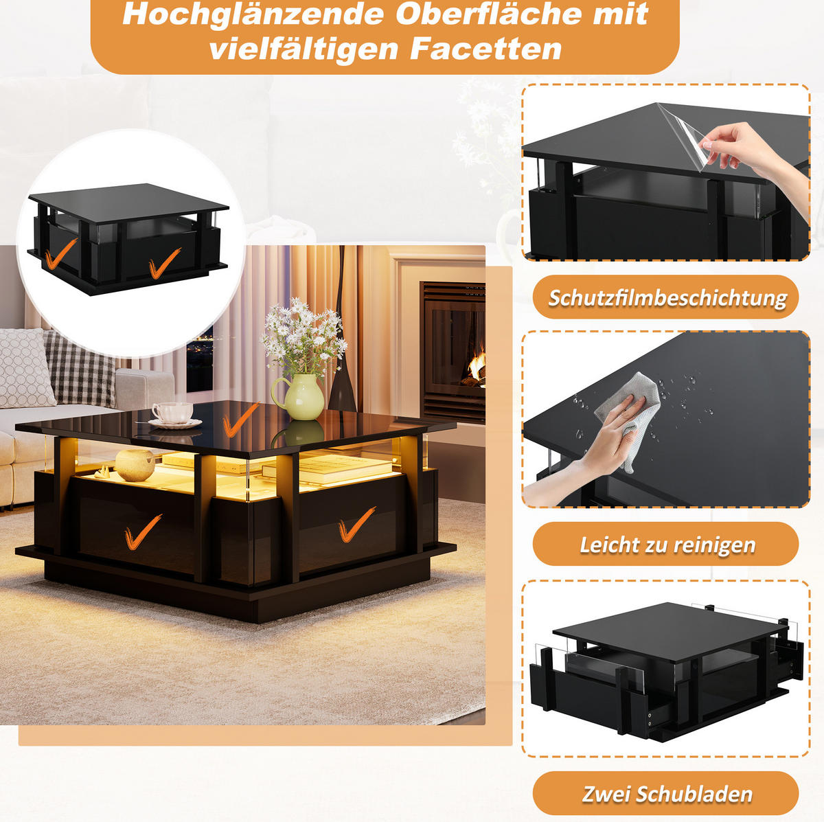 COUCHTISCH aus Spanplatte 70x70x35 cm Schwarz mit 2 Schubladen, LED-Beleuchtung und Acryl-Trennwänden - Schwarz, Holzwerkstoff (70/70/35cm) - IVMEU