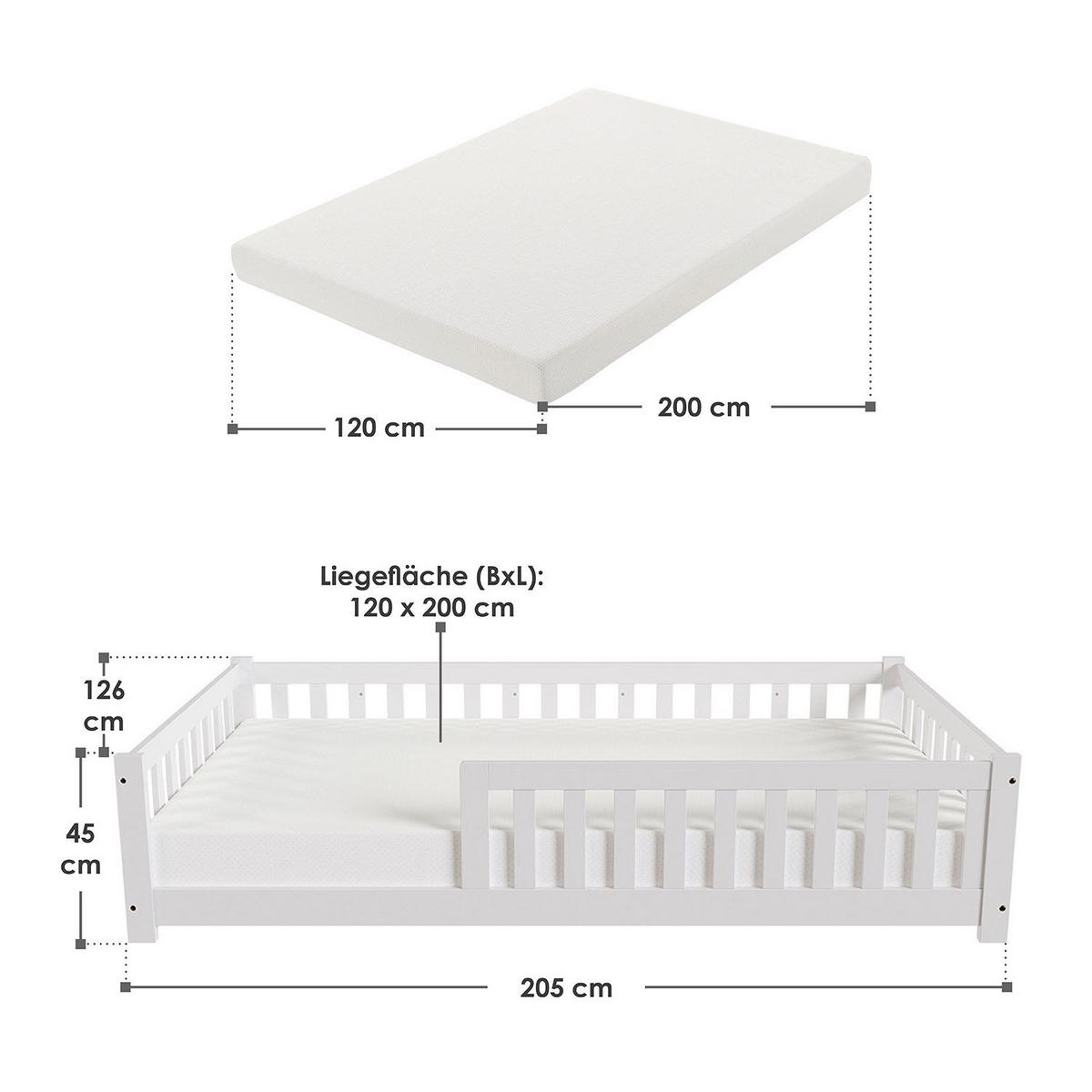 KINDERBETT Naya weiß mit Matratze 90x200 cm - Weiß, Holz (120/200cm) - Juskys