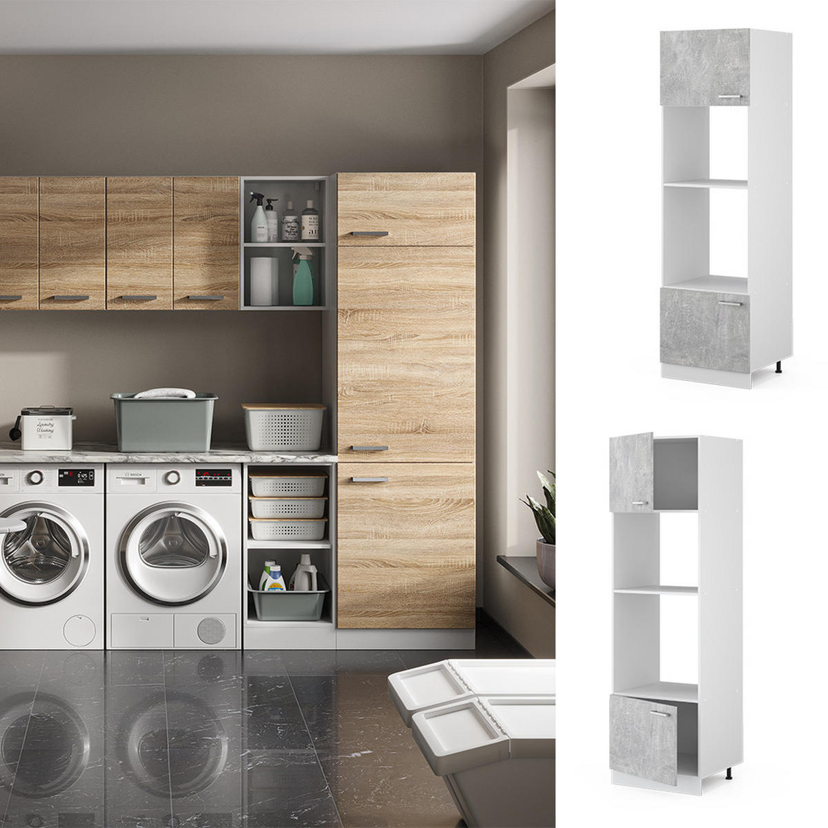 HOCHSCHRANK R-Line Beton 60 cm mit offenen Regalen, und Türen - Schieferfarben/Weiß, Holzwerkstoff (60/207/57.2cm) - Vicco