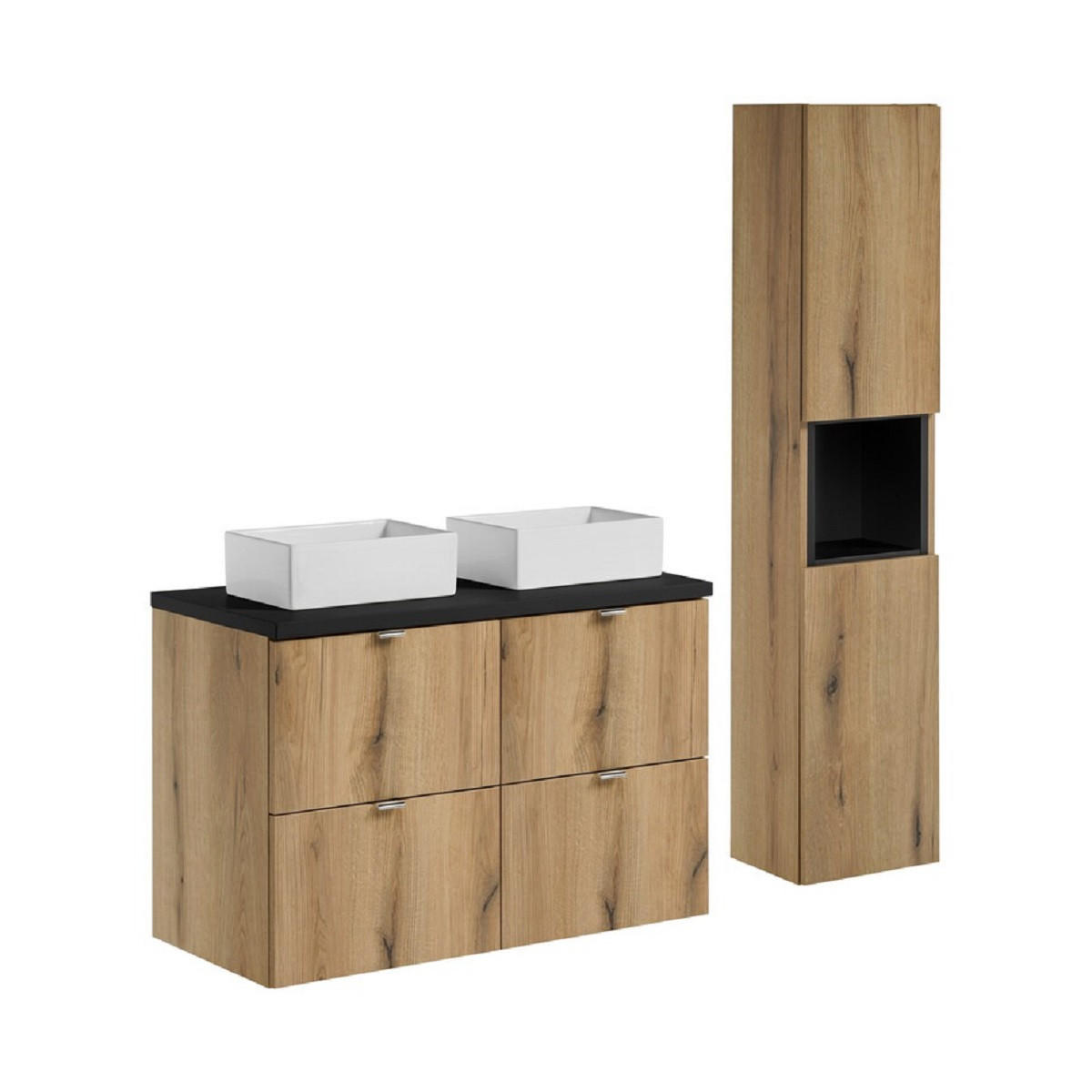 BADMÖBEL-SET 7 Teile - Nova Oak N BM97 in Coast Evoke Oak / Schwarz - Eiche Wotan/Goldfarben, Holz/Metall (100/140/40cm)