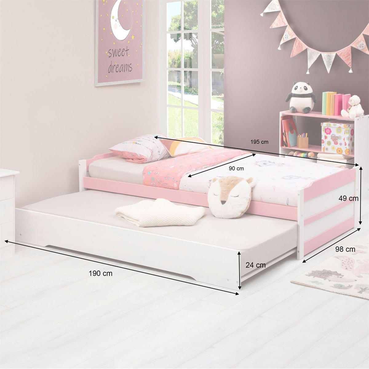 TANDEMBETT LORENA 90x190 cm weiß/rosa - Weiß/Rosa, Holz (99/48/195cm) - IDIMEX