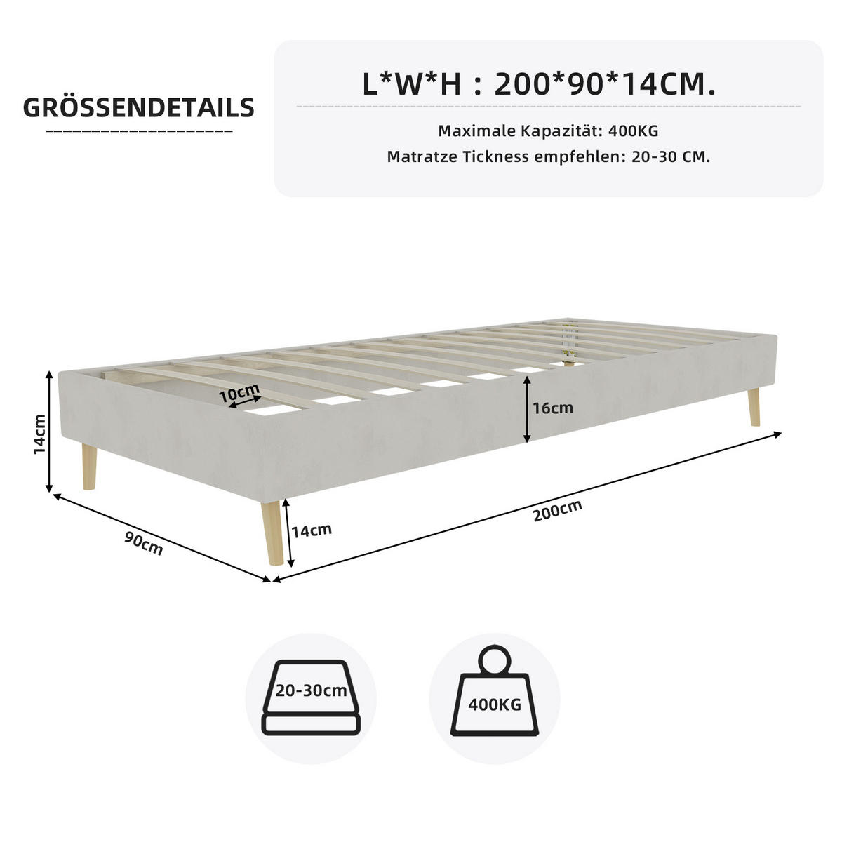 RAHMENBETT 90/200 cm in Beige Stoff - Beige, Holzwerkstoff/Textil (90/200cm) - WISHDOR