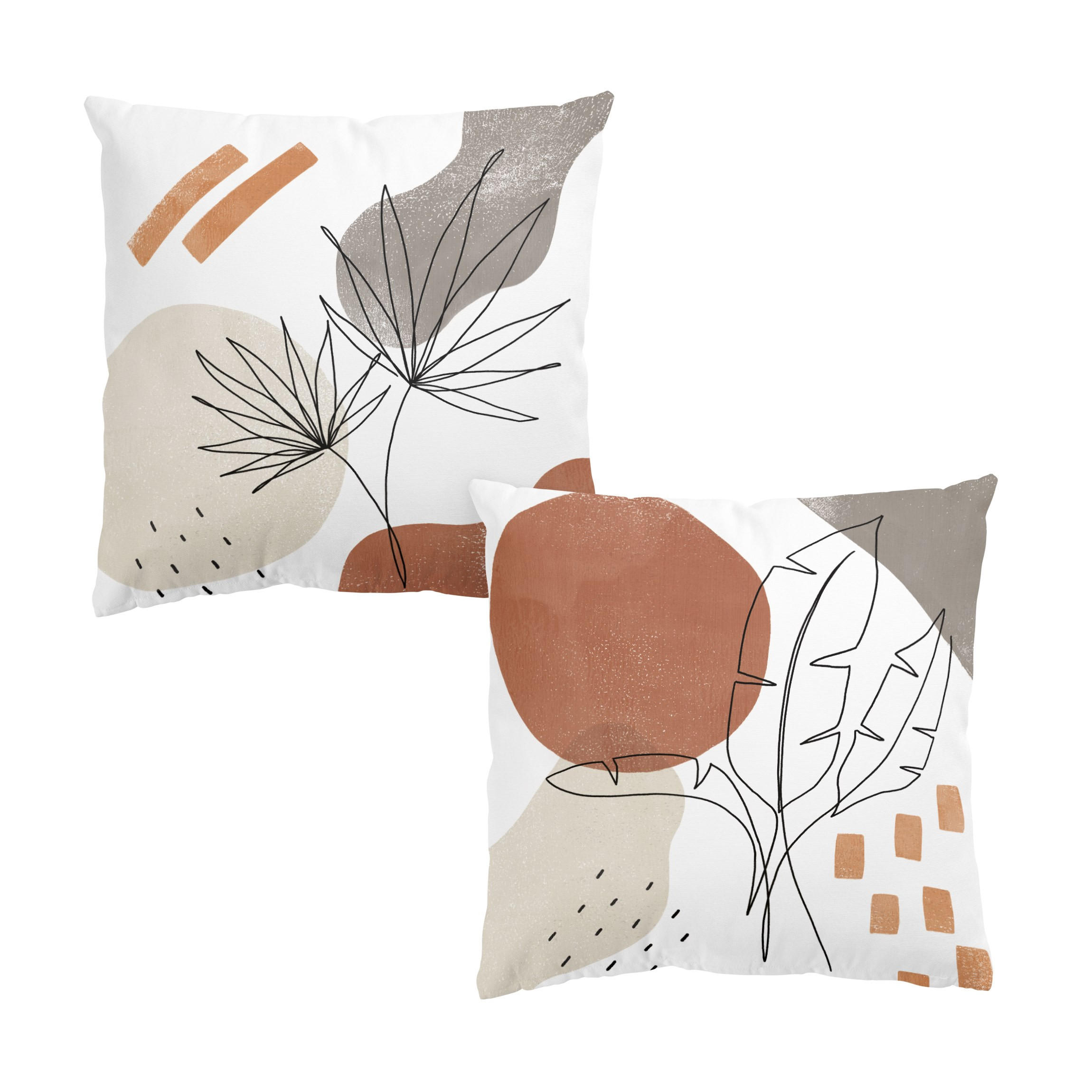 DEKOKISSEN 2er-Set Pflanzenblätter Lineart und Terracotta Farben Set 40/40 cm - Eichefarben, Textil (40/40cm) - Bilderwelten
