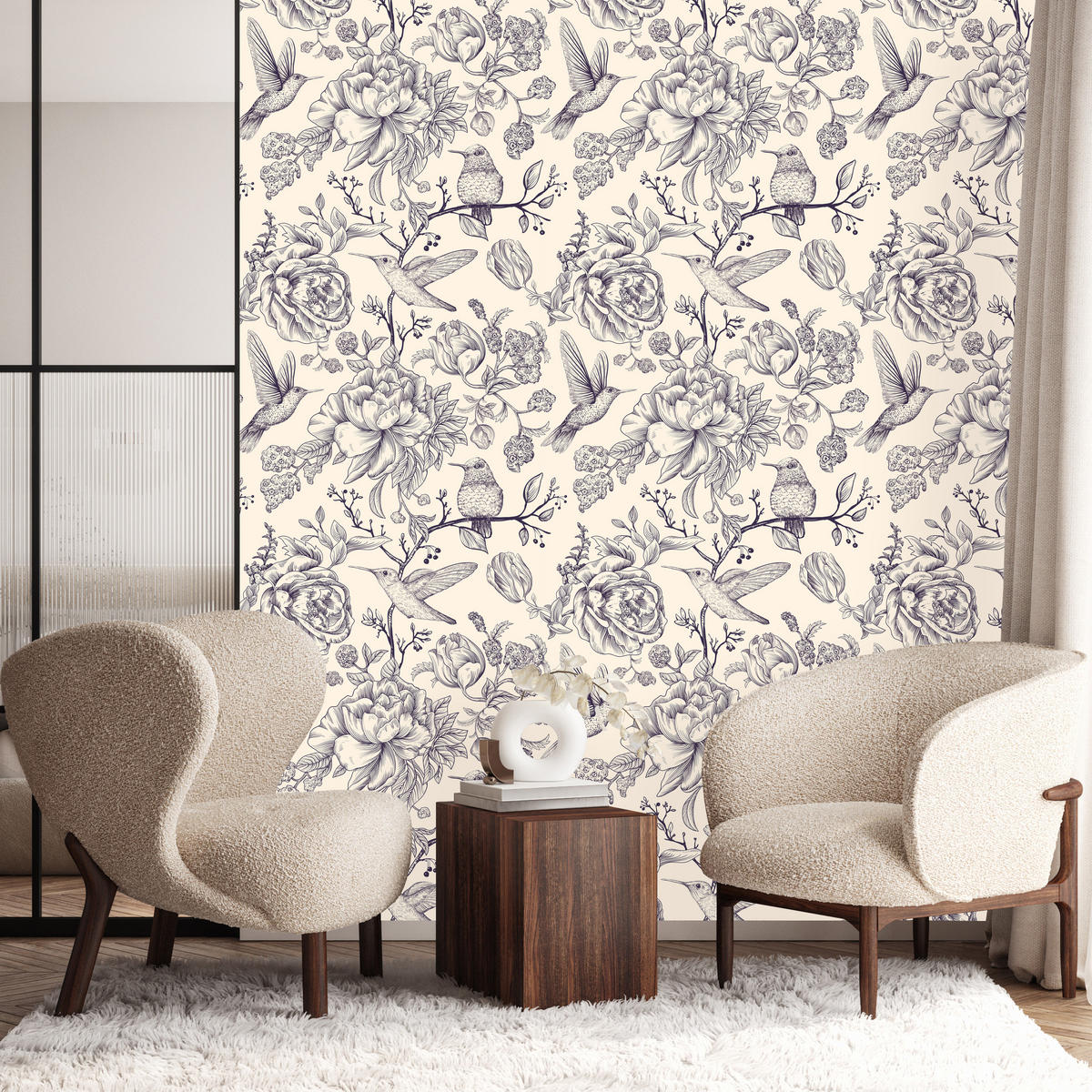 VLIESTAPETE Kolibris und Blüten – Grau, Creme – 50x1000 cm - Creme/Grau, Papier (50/1000cm) - Muralo