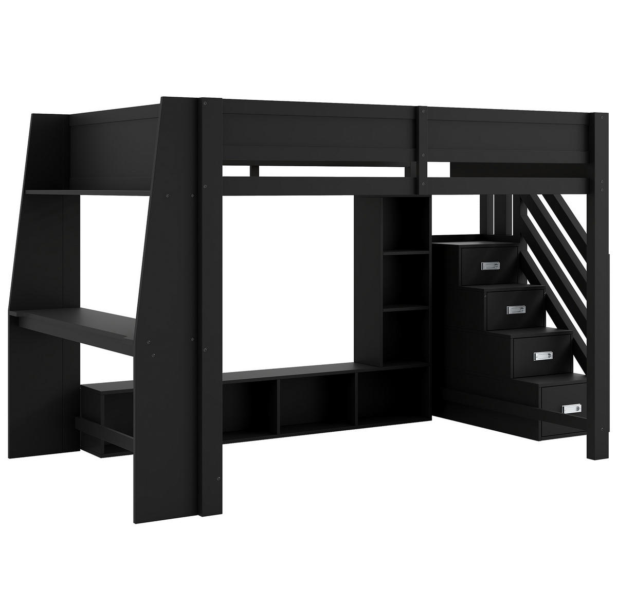 VYSOKÁ posteľ 140/200 cm čierna z MDF a preglejky s písacím stolom LED osvetlením a úložnými schodmi - čierna, kompozitné drevo (140/200cm) - OKWISH