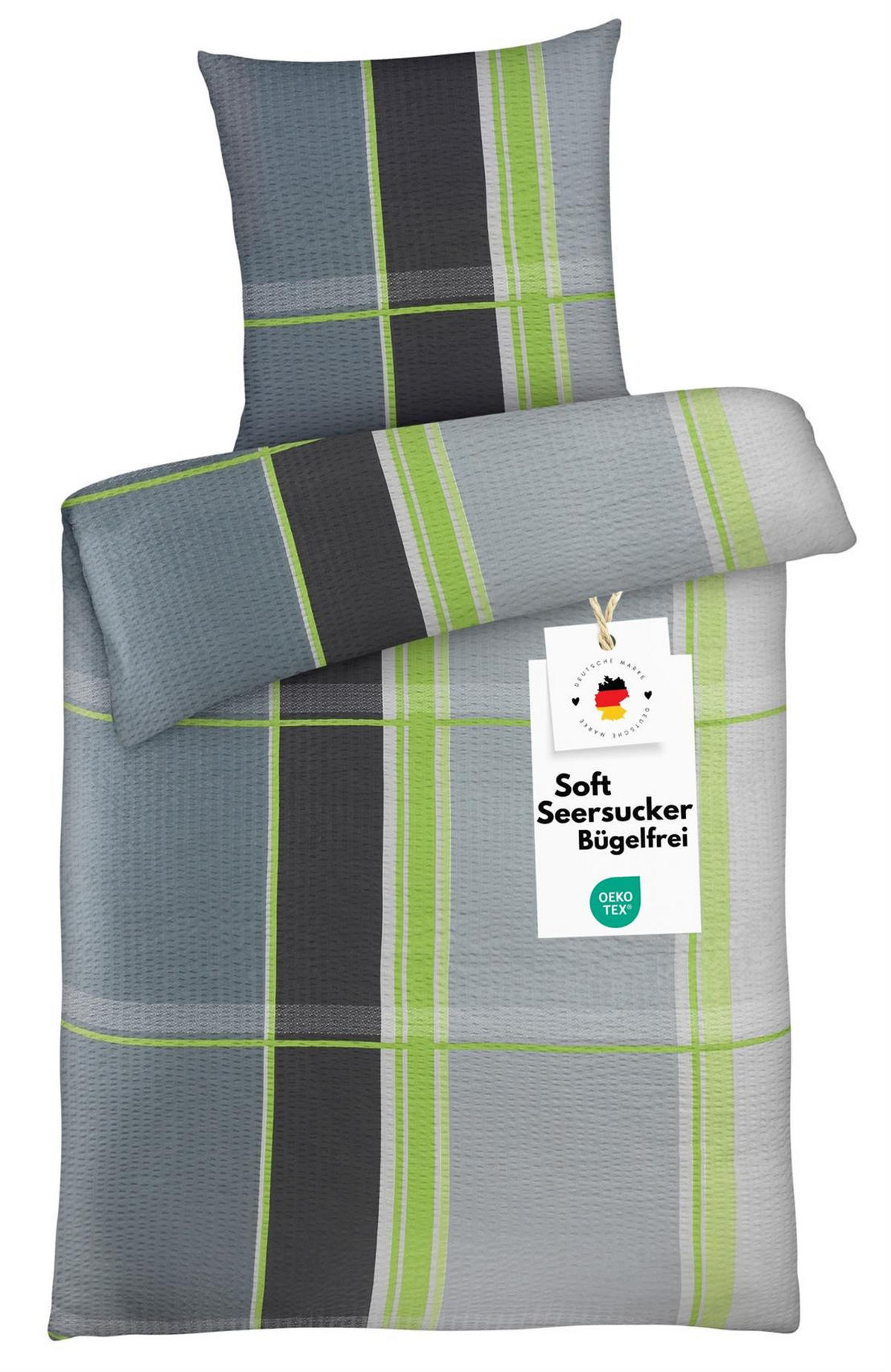SEERSUCKER-BETTWÄSCHE 135x200 Kariert Sommer Bettbezug Bügelfrei aus 100% Polyester, Mikrofaser Bettbezüge Grau Grün - Grün, Textil (135/200cm) - Carpe Sonno