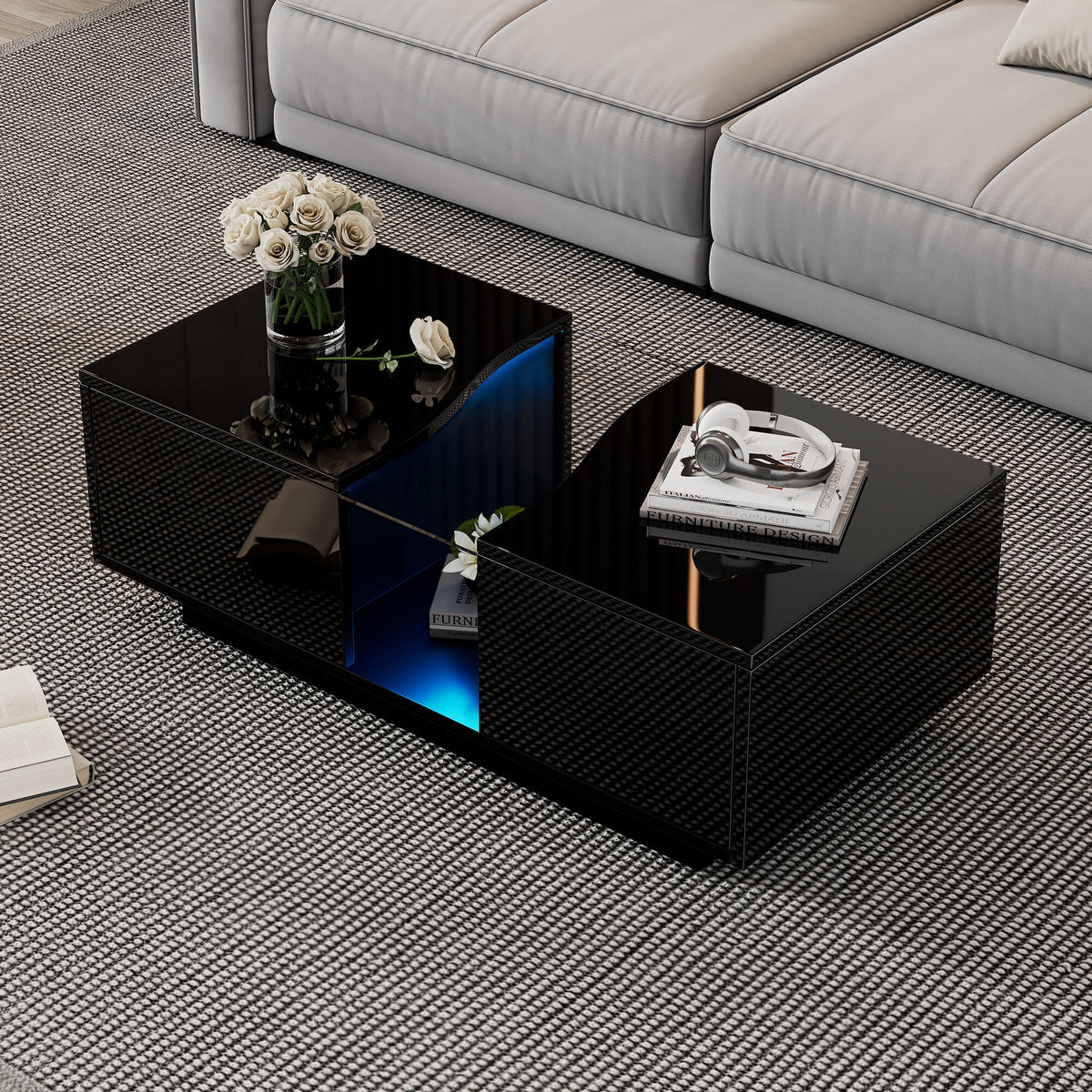 COUCHTISCH mit 2 Schubladen und LED Schwarz - Schwarz, Holzwerkstoff (100/50/35cm) - Urban Meuble