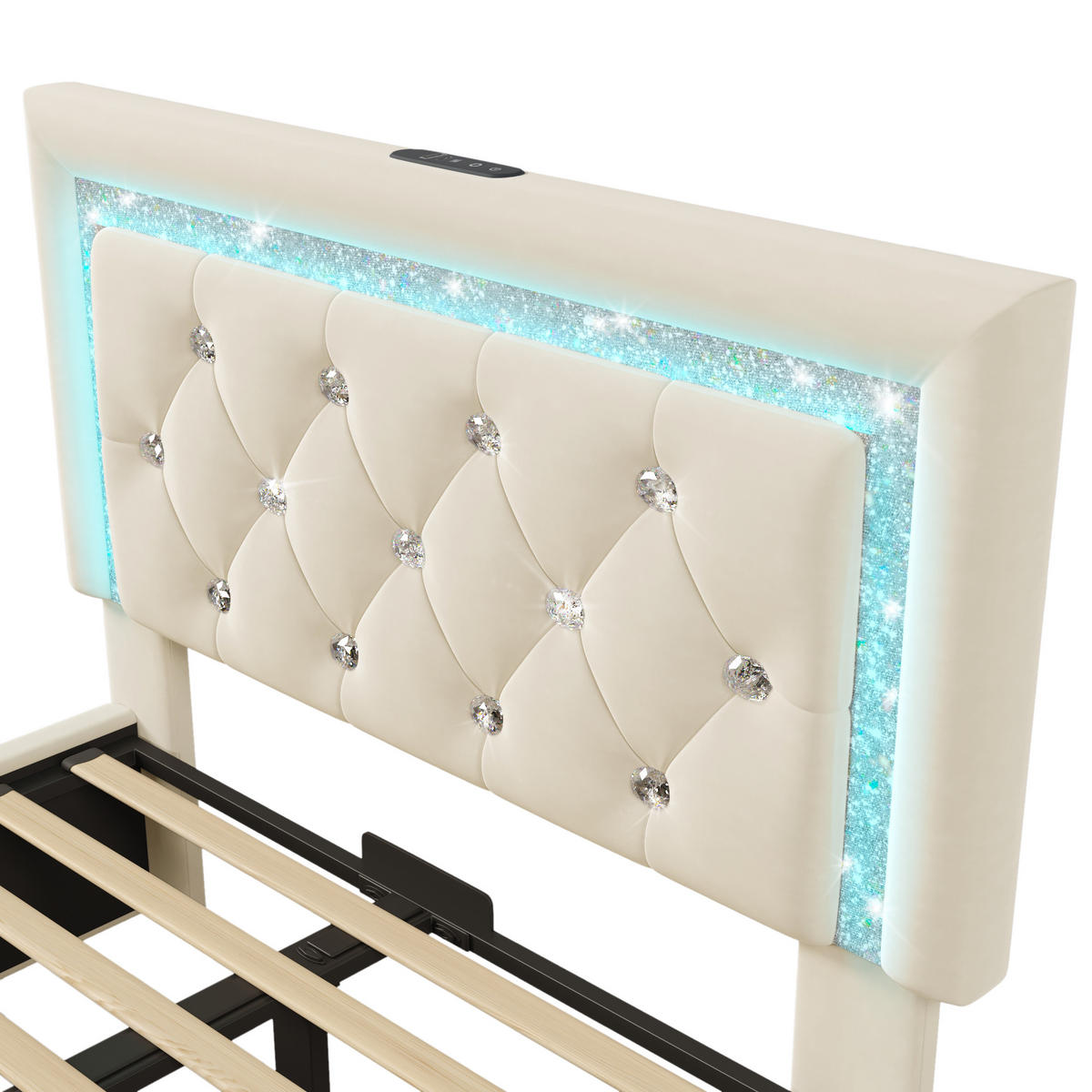 POLSTERBETT aus Samt 90x200 cm in Beige mit LED & USB-Type-C Ladestation - Beige, Textil (90/200cm) - Modfu