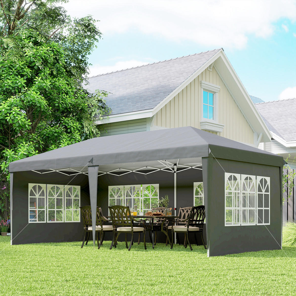 PAVILLON ca. 3x6m Wasserdicht Pop-up Faltpavillon mit 4 Seitenwänden, Fenster - Grau, Textil (295/270/585cm) - Outsunny