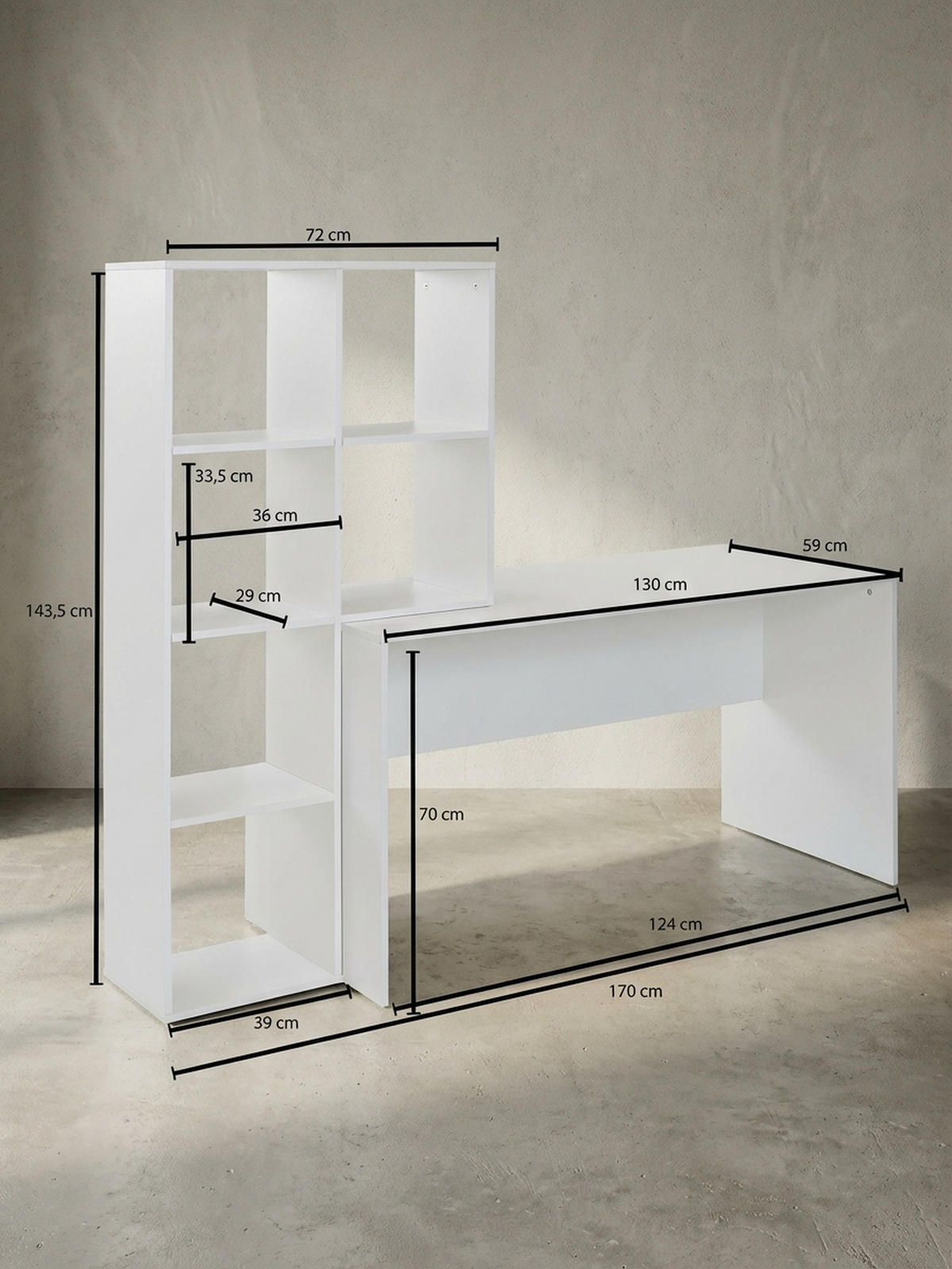 SCHREIBTISCH – mit Regal, groß, puristisches Design, Melaminharzbeschichtung - Weiß, Holz (59/170/144cm) - KADIMA DESIGN