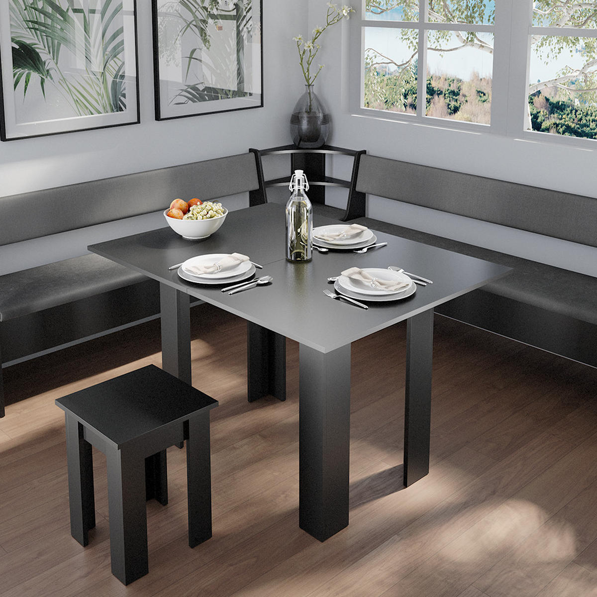 ECKBANKGRUPPE Roman Schwarz 210 x 41.5 cm mit Tisch - Schwarz, Holzwerkstoff (210/80/210cm) - Vicco