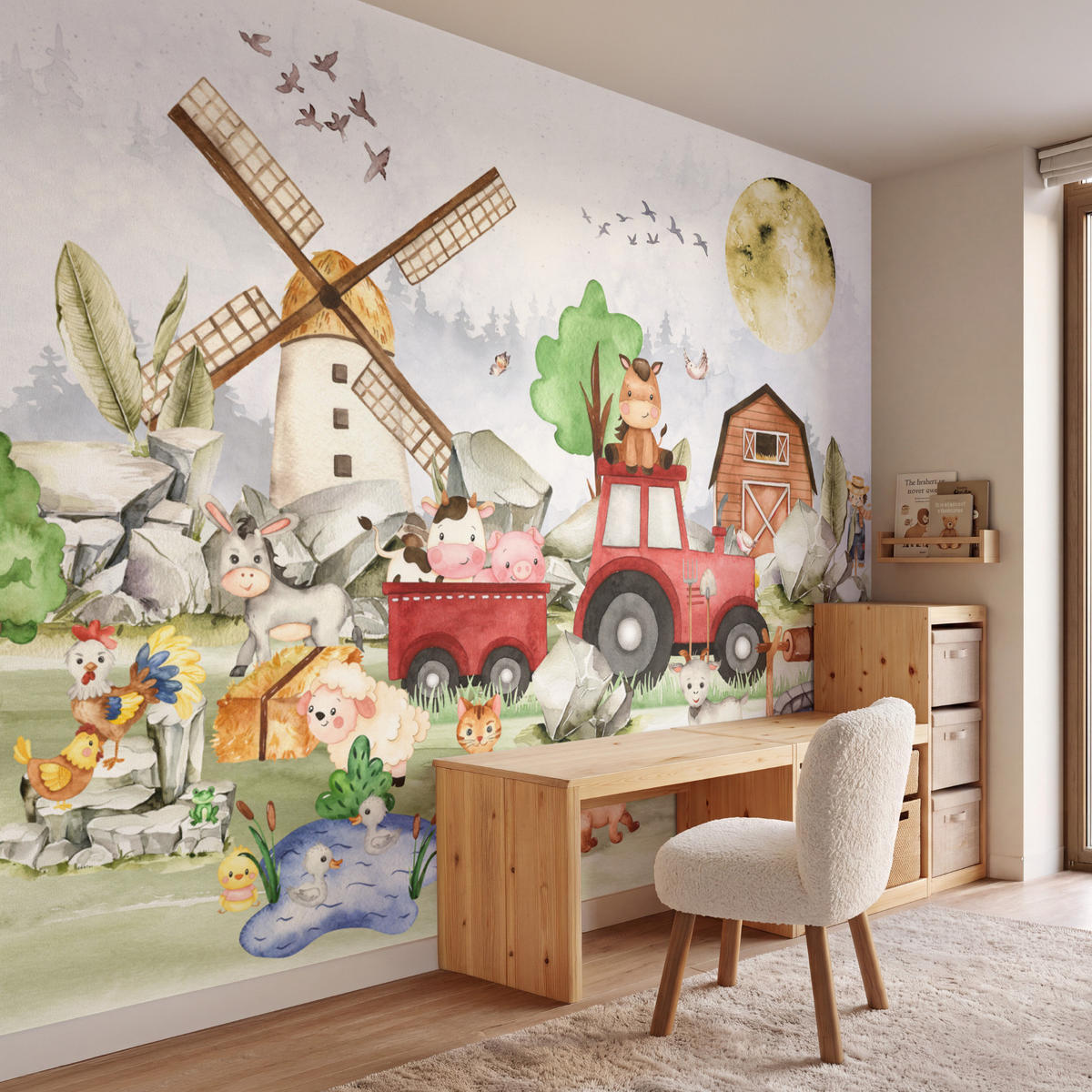 KINDERTAPETE - Bauernhof - Traktor - Kinder - Tiere - 260x200 cm - Weiß, Papier (260/200cm) - OnlyWow