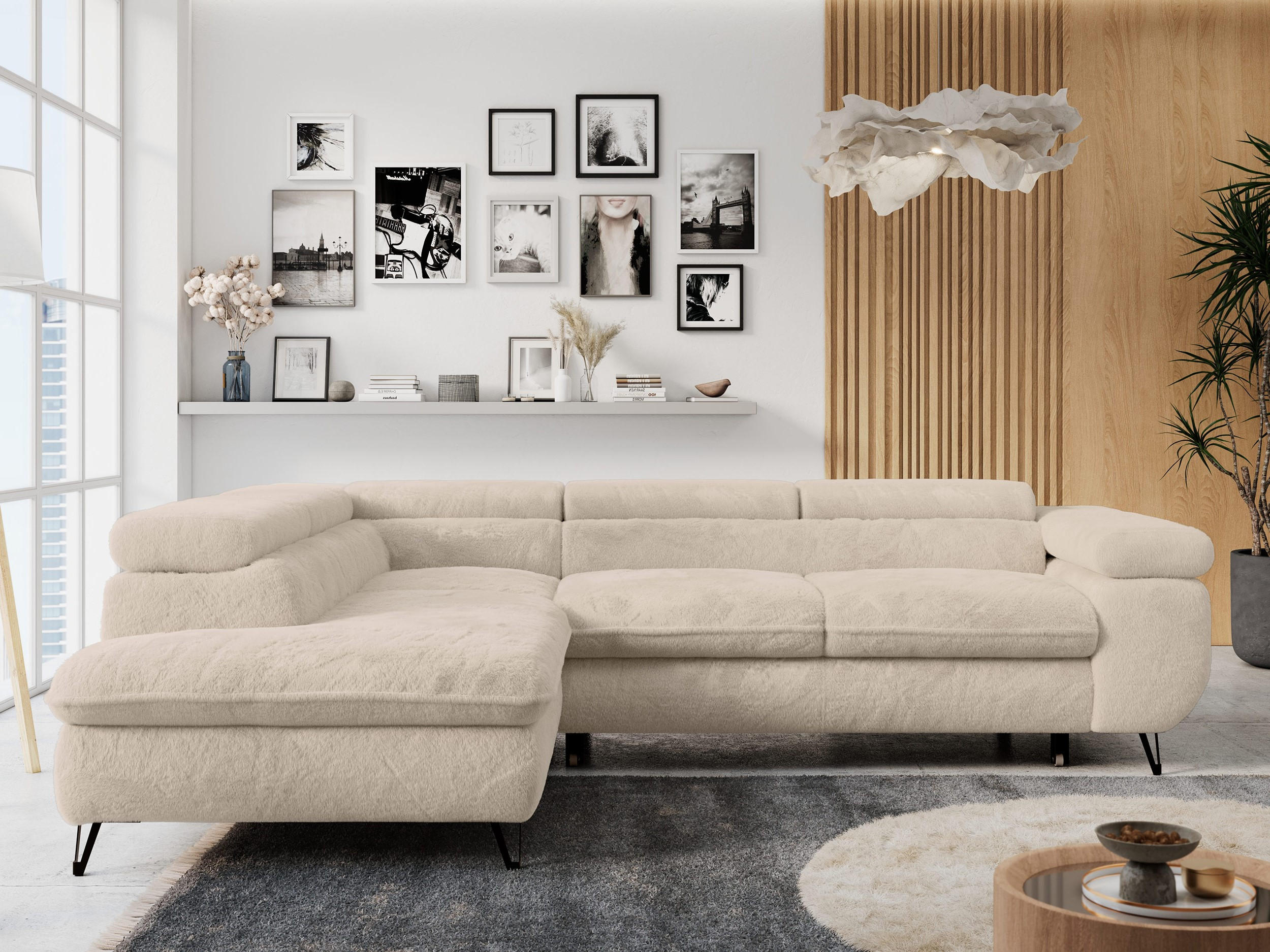 ECKSOFA PETER L Dunkelgrau Plüsch - Links Seite - Ecru/Schwarz, Textil/Metall (208/273cm) - MKS