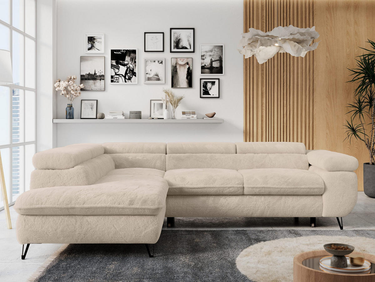 ECKSOFA PETER L Dunkelgrau Plüsch - Links Seite - Ecru/Schwarz, Textil/Metall (208/273cm) - MKS