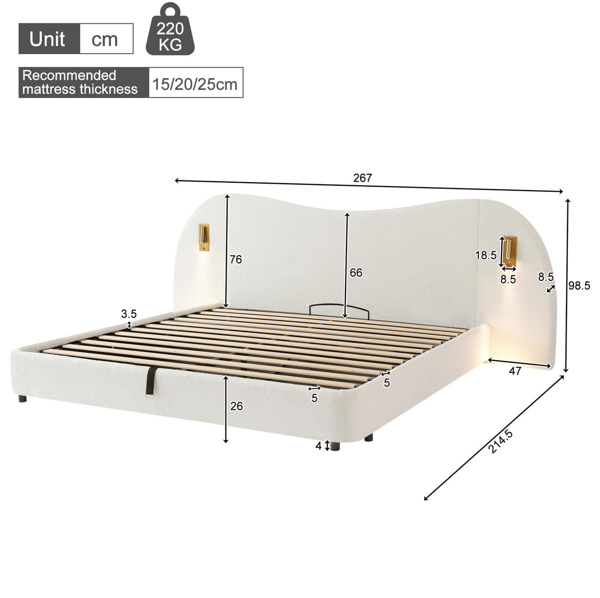 POLSTERBETT 180/200 cm mit Bettkasten, USB-Anschluss und Leselampen in Weiß - Weiß, Textil (180/200cm) - BEAOK