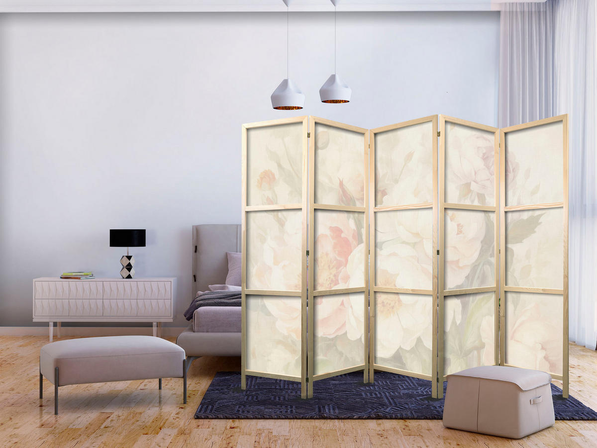 PARAVENT Japanischer 5-tlg 225x172 cm Pastellblumen - Beige, Holz/Textil (225/172/3cm) - Muralo