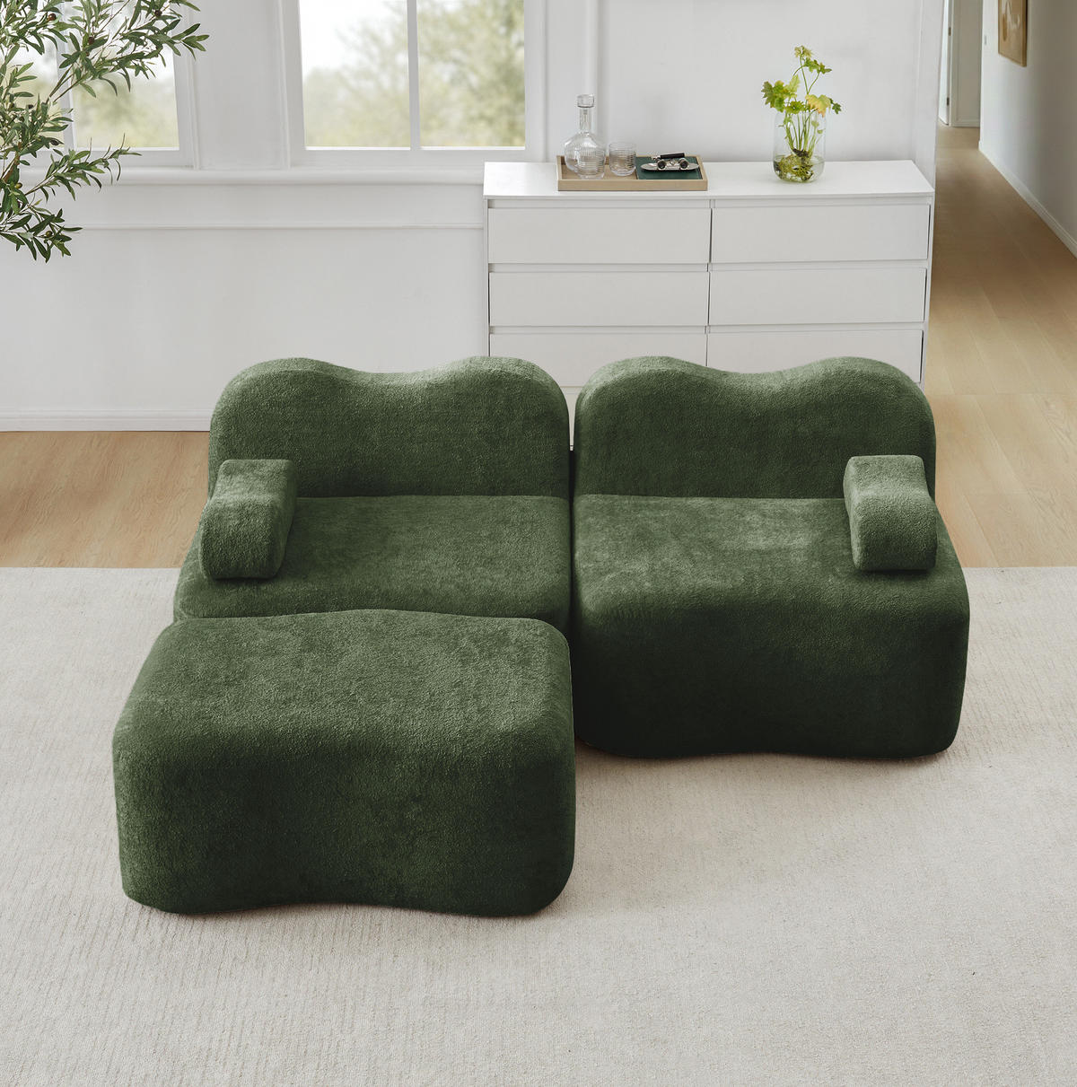MODULARES Ecksofa ohne Montage mit Ottomanen, Wellenform und Samtbezug, Grün - Grün, Textil (192/167cm) - Redom