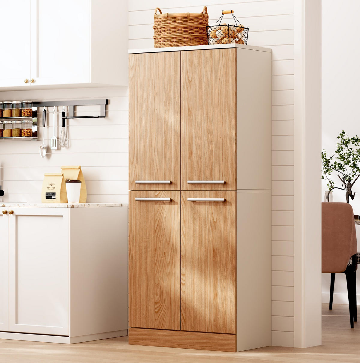 BUFFETSCHRANK 42/76/180 cm mit 4 Türen, verstellbaren Böden und Kippschutz, Weiß/Natur - Weiß, Holzwerkstoff (76/180/42cm) - Redom