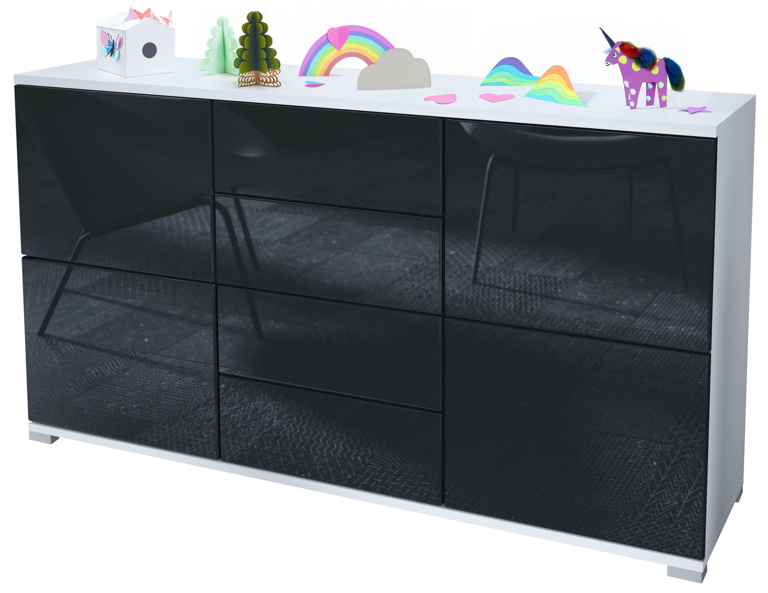 Vladon Sideboard Schwarz Hochglanz 138.5x75.5x35 cm