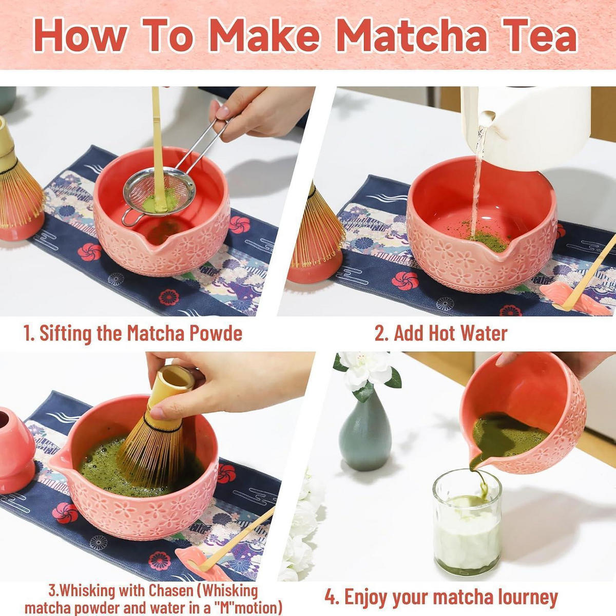 MATCHA Set 7-teiliges Set Keramikschale Bambusbesen Edelstahlsieb Rosa - Rosa, Keramik (14.7/13/19cm)
