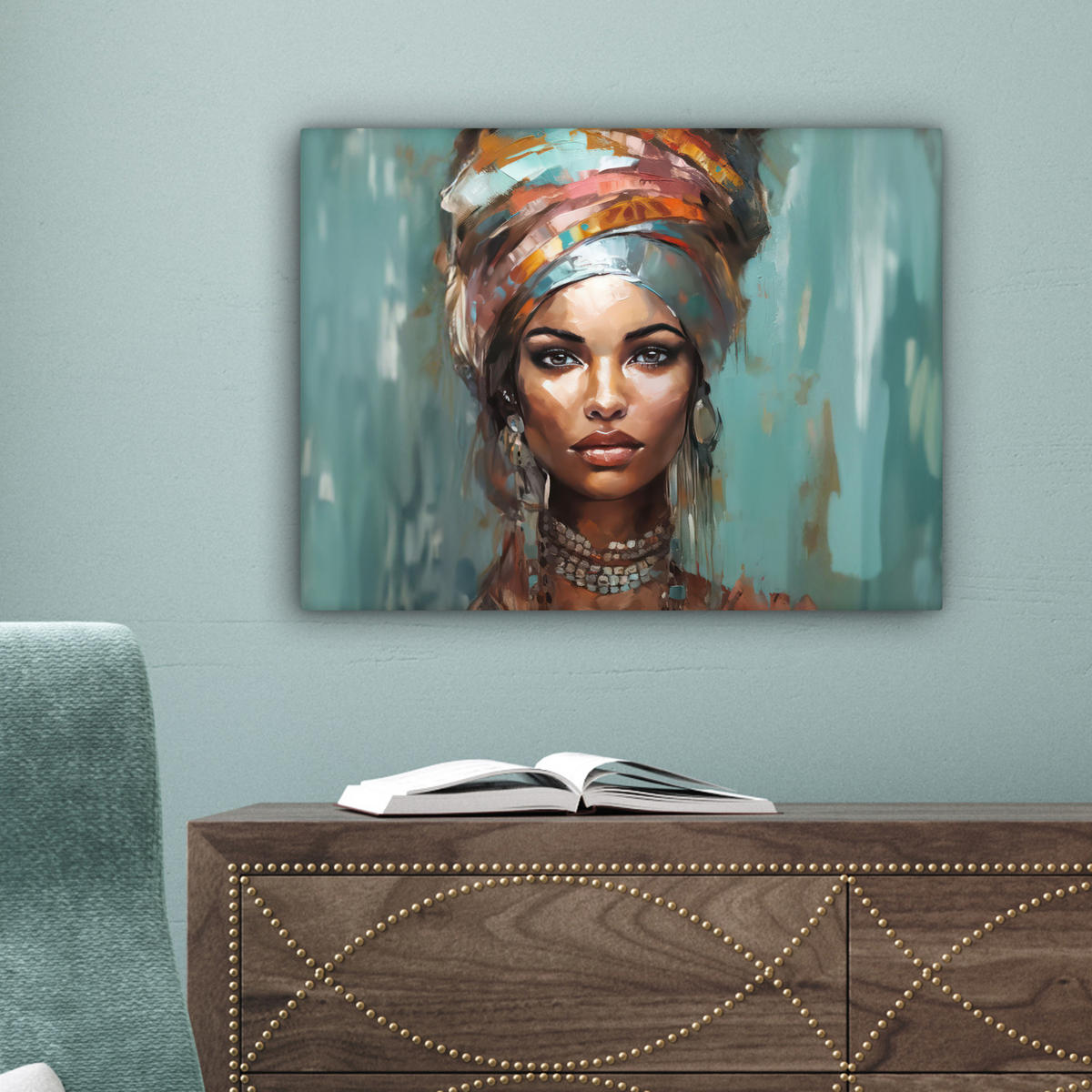 LEINWANDBILD Frau - Kunst - Schmuck - Porträt 40x30 cm - Blaugrau, Textil (40/30cm) - MuchoWow