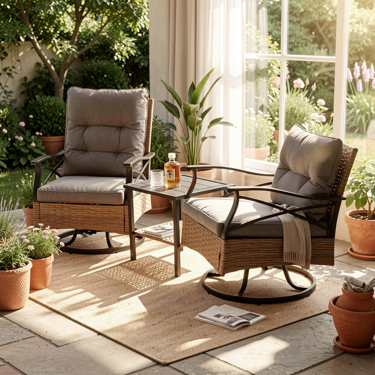 GARTENSTUHL SET 3-tlg Polyrattan Braun/Grau 2 Dreh-Schaukelstühle mit Beistelltisch - Graubraun, Metall - Urban Meuble