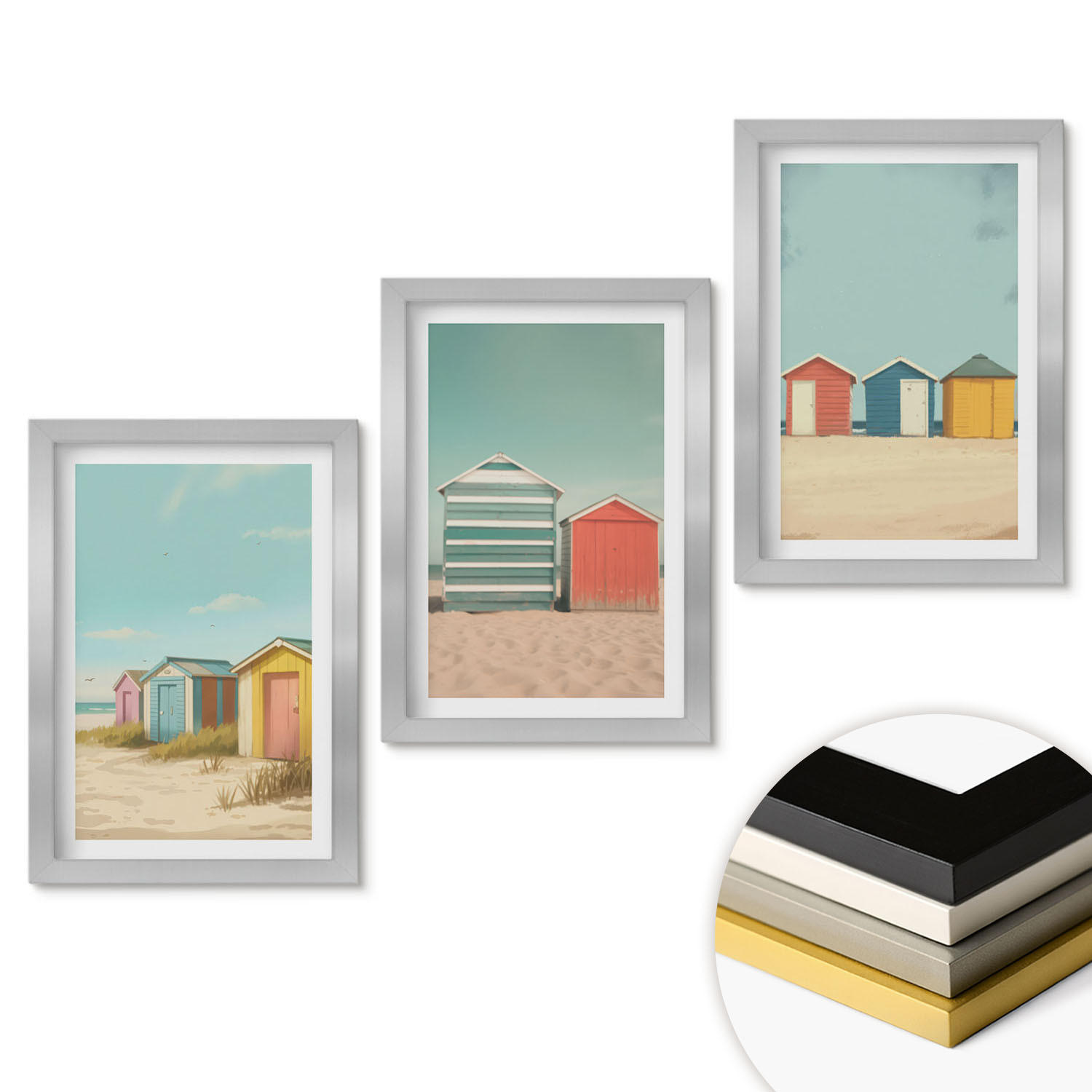 WANDBILDER 3er Set - 20x30 cm Silberner Rahmen - Bunte Häuser, Strand, Sonne - Silberfarben, Kunststoff (20/30cm) - ArtPrintCave