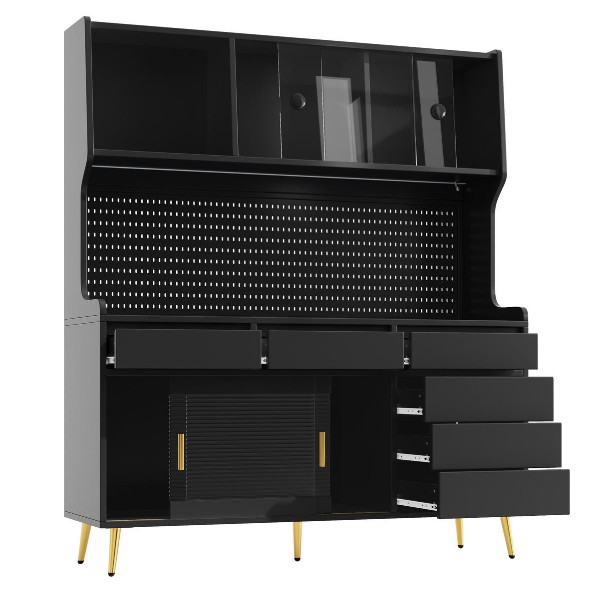 BUFFET 145/39/171 cm aus MDF und Glas mit LED-Beleuchtung und Schiebetüren Schwarz - Schwarz, Holzwerkstoff (145/171/39cm) - Modenvie