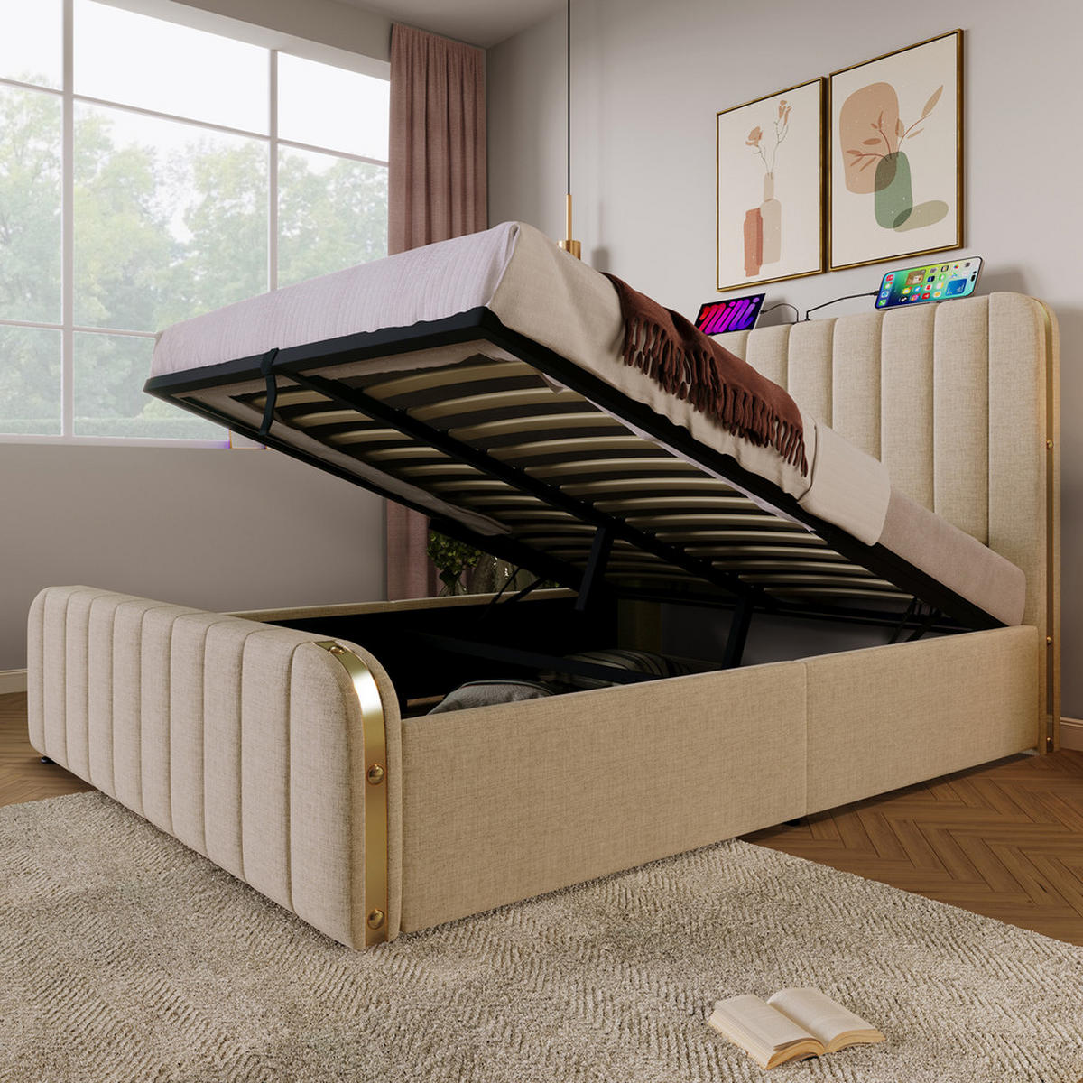 POLSTERBETT 140x200cm Doppelbett USB-C Hydraulik Goldstreifen Beige - Beige, Holz - FLIEKS