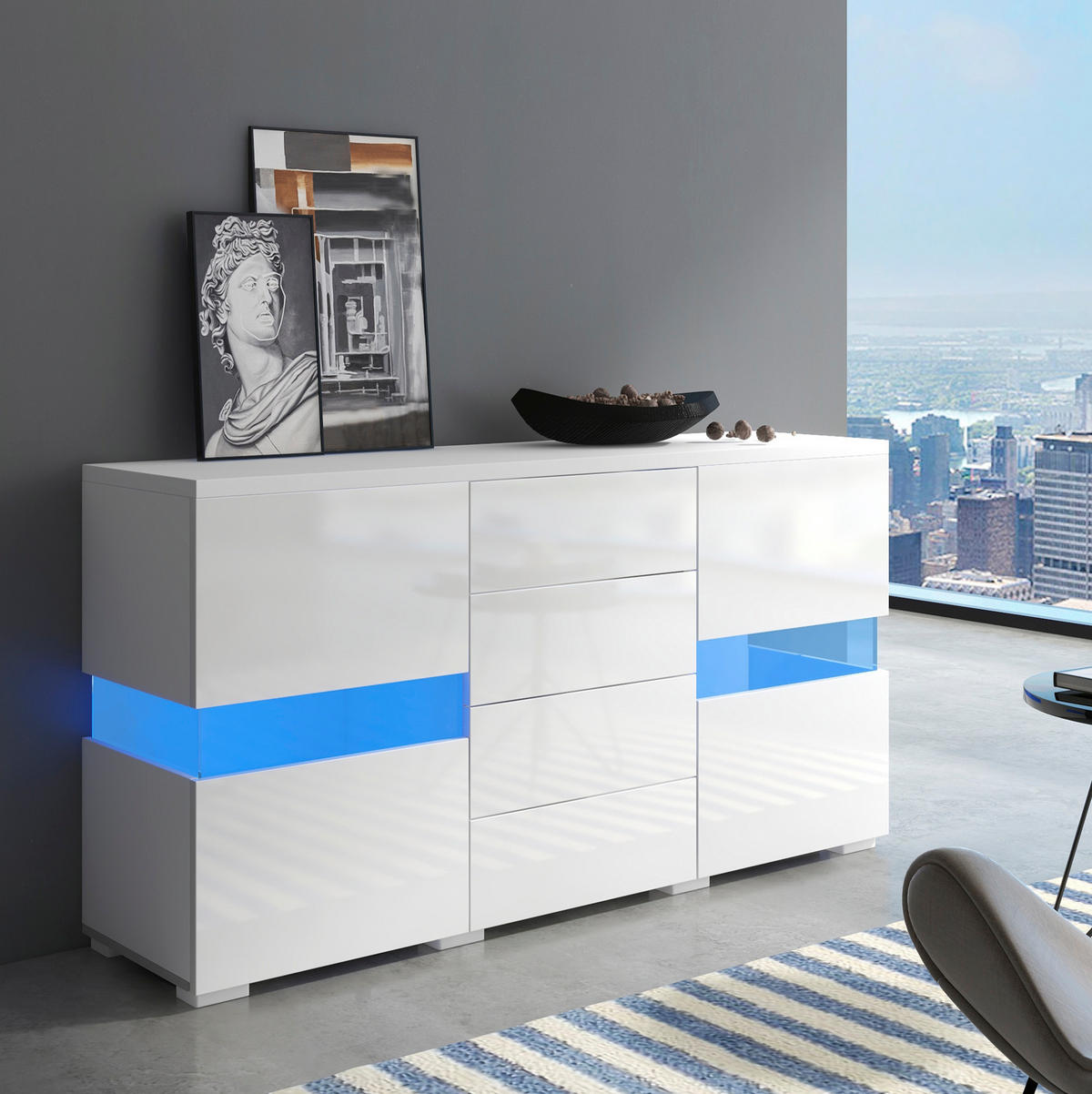 SIDEBOARD 140/35/72 cm Weiß aus MDF mit LED-Beleuchtung - Weiß, Holzwerkstoff (35/72/145cm) - OKMYHOME