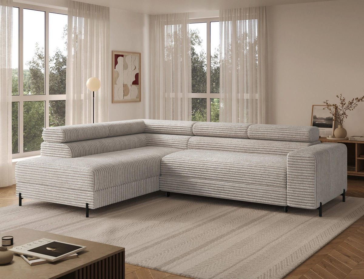ECKSOFA COLESIO L-Form, Schlaffunktion, Bettkasten, verstellbare Kopfstützen, Wellenfederung, Metallfüße, breiter Cordstoff - Schwarz/Weiß, Kunststoff/Metall (269/204cm) - Wohnideebilder