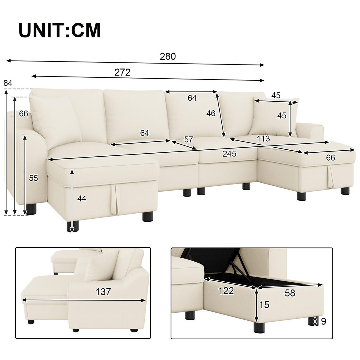 ECKSOFA U-Form 280/137/84 cm Beige mit 2 Chaiselongues als Ecksofa und aufklappbarem Stauraum - Beige, Textil (137/84/280cm) - Oxeza
