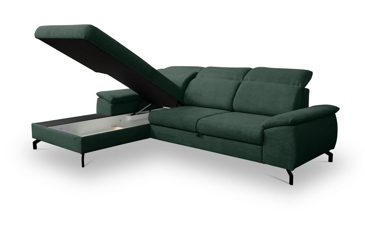 ECKSOFA MALIBU mit Schlaffunktion und Bettkasten, Farbe: Grün, Velourstoff, Ottomane Rechts - Grün, Textil (276/184cm) - VENASI MÖBEL
