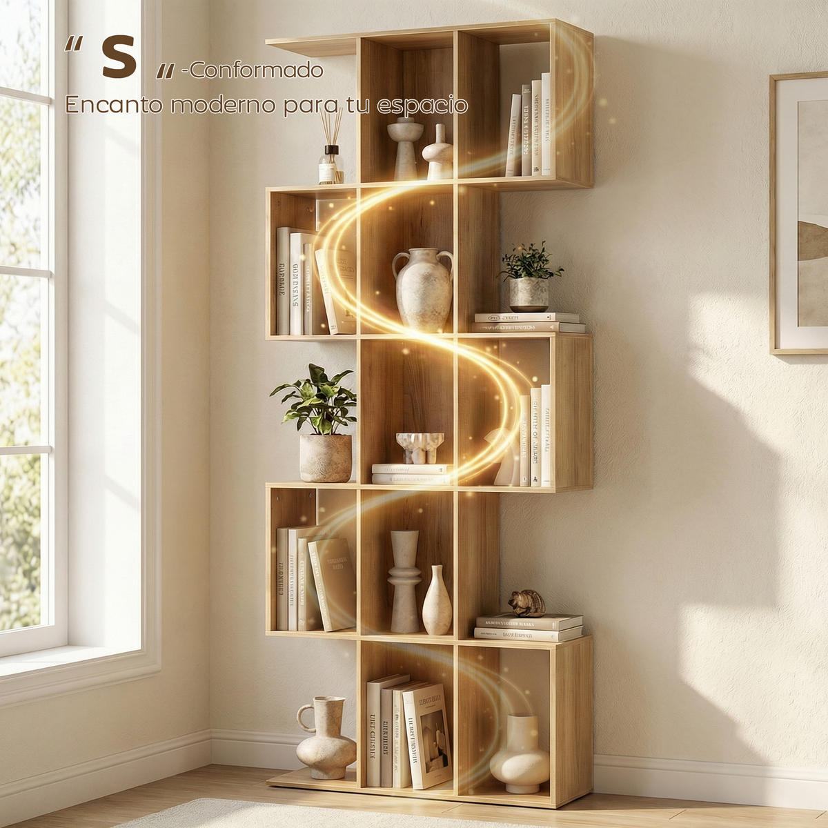 BÜCHERREGAL,5-STUFIG S-förmig 80x24x200cm,eiche - Beige, Holzwerkstoff (80/200/24cm) - Vallsero