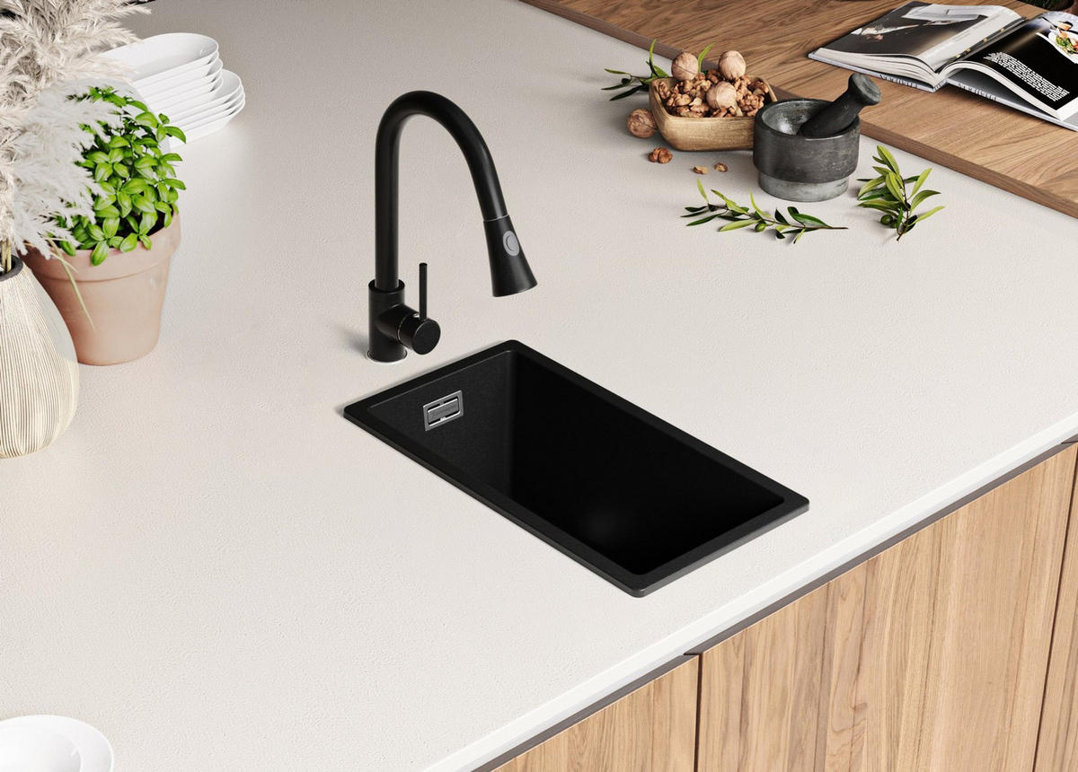 SPÜLBECKEN London Slim, 2-er set Schwarz 26/47 cm 1 Becken + Ablauf-Set ab 30er Unterschrank - Chromfarben/Schwarz, Kunststoff (26/20/47cm) - Primagran