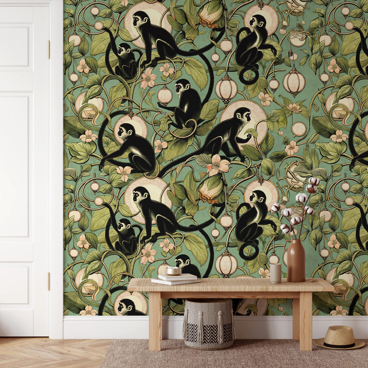 TAPETE Affen aus echtem Papier, 200x280cm, 8 Bögen - Grün, Papier (200/280cm) - WALLPAPERS4BEGINNERS