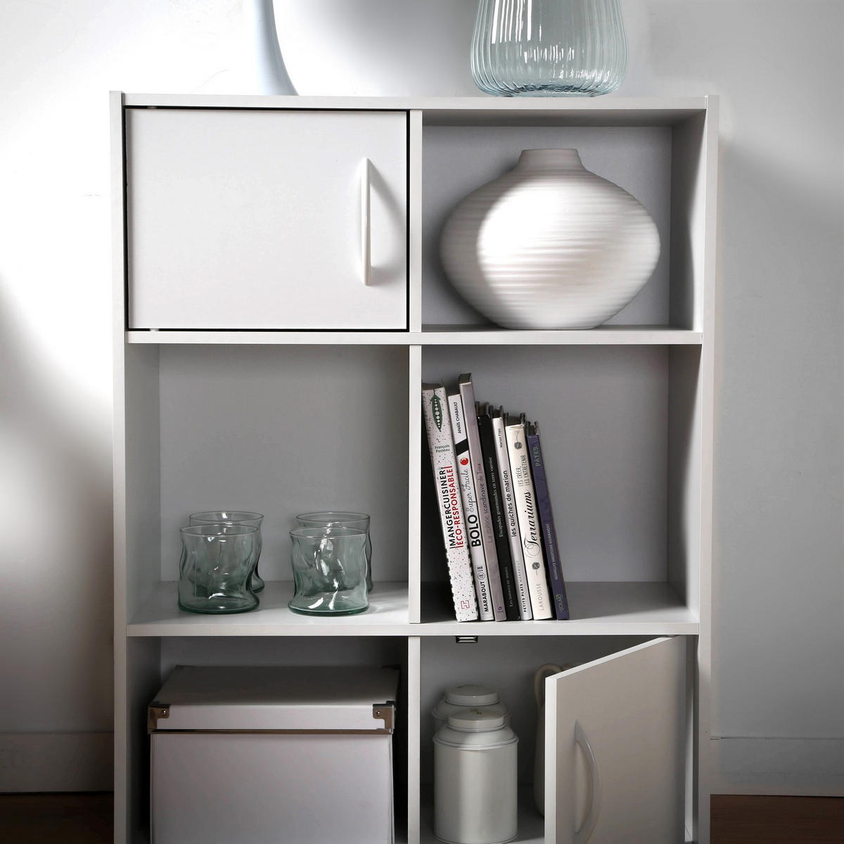 AUFBEWAHRUNGSREGAL 6 Fächer mit 2 Türen - L61,5 cm - Weiß, Holzwerkstoff (29.5/80/61.5cm) - Calicosy