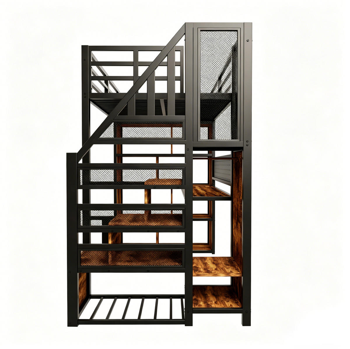 HOCHBETT 90/200 cm mit Stauraumtreppe, Schreibtisch, LED-Beleuchtung und Kleiderschrank, Schwarz - Schwarz, Holzwerkstoff (90/200cm) - Redom