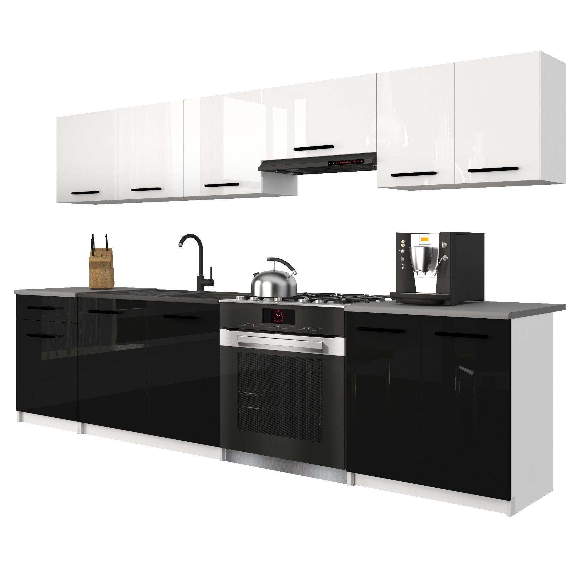 KÜCHENZEILE Italia 2 240 cm, mit Arbeitsplatten, Weiß-Schwarz Hochglanz - Schwarz Hochglanz/Weiß, Holz (240/143/60cm) - B BELINI GROUP
