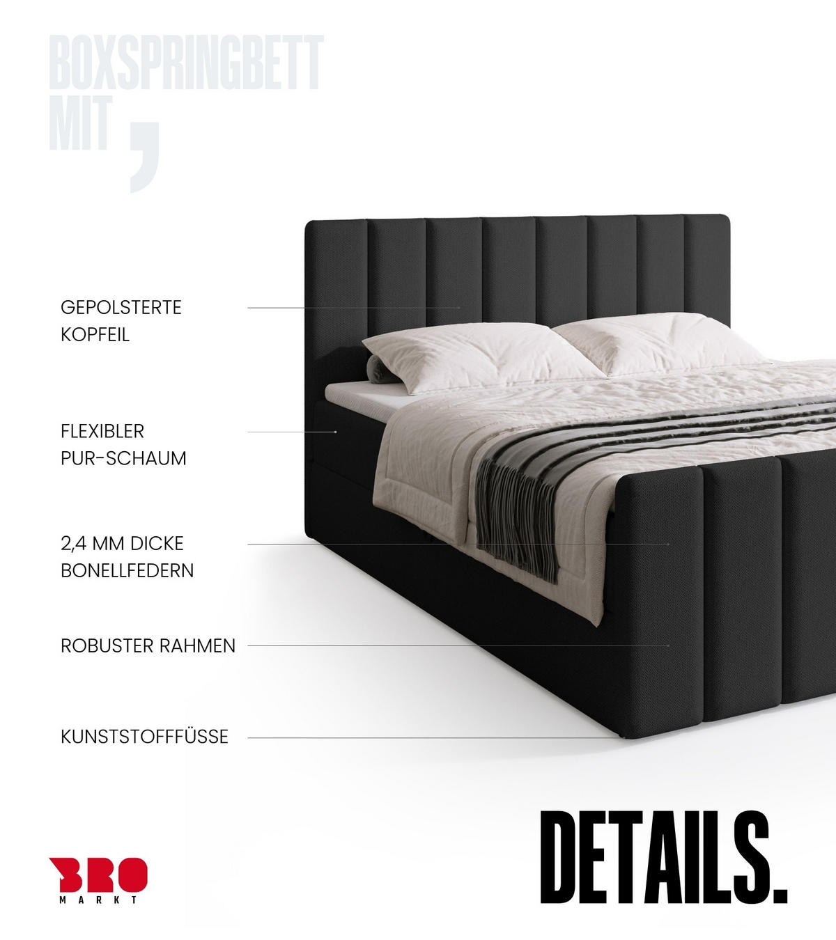 BOXSPRINGBETT Denver DUO mit Topper 140x200 Dunkelgrau - Dunkelgrau, Textil (140/200cm) - Bromarkt