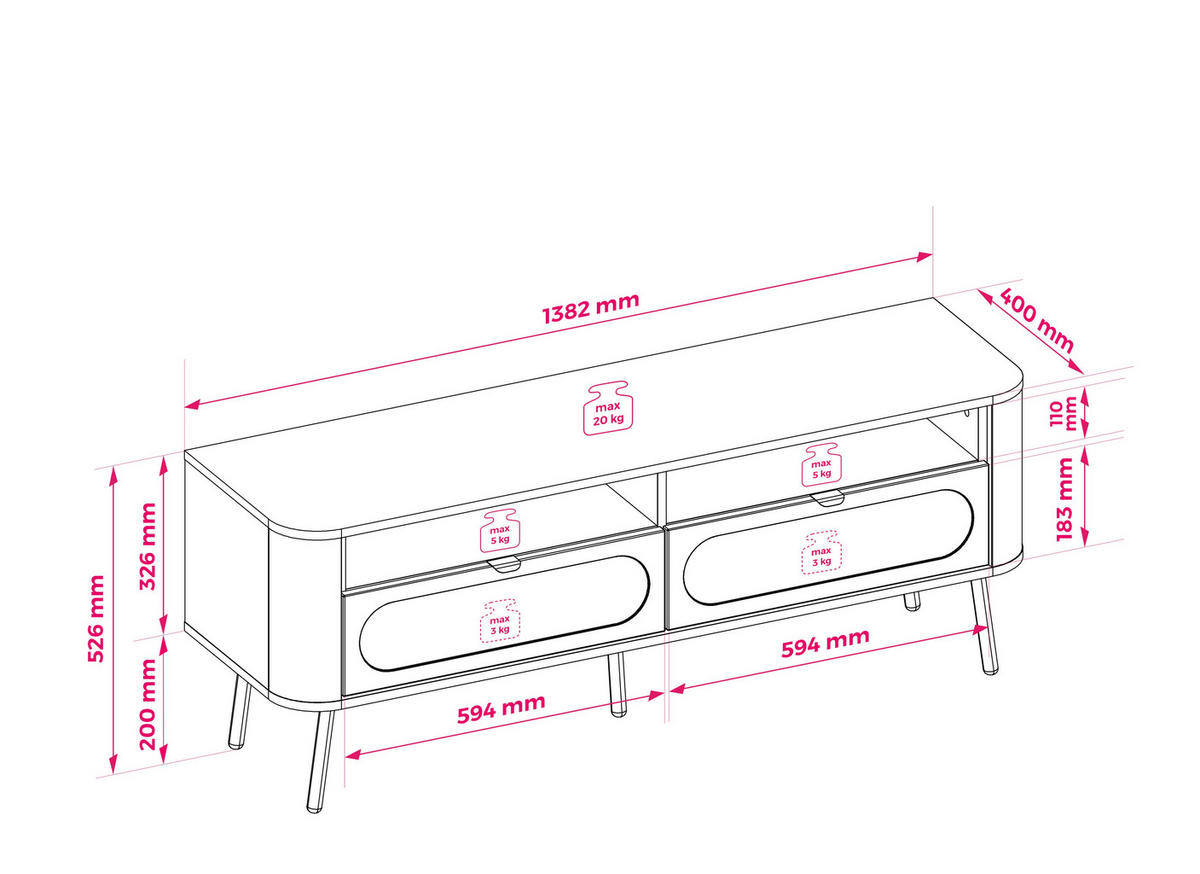 TV-SCHRANK: 2 Schubladen, Schwarz, 138,2 x 40 x 52,6 cm - Schwarz, Holzwerkstoff (138.2/52.6/40cm) - 3XE LIVING
