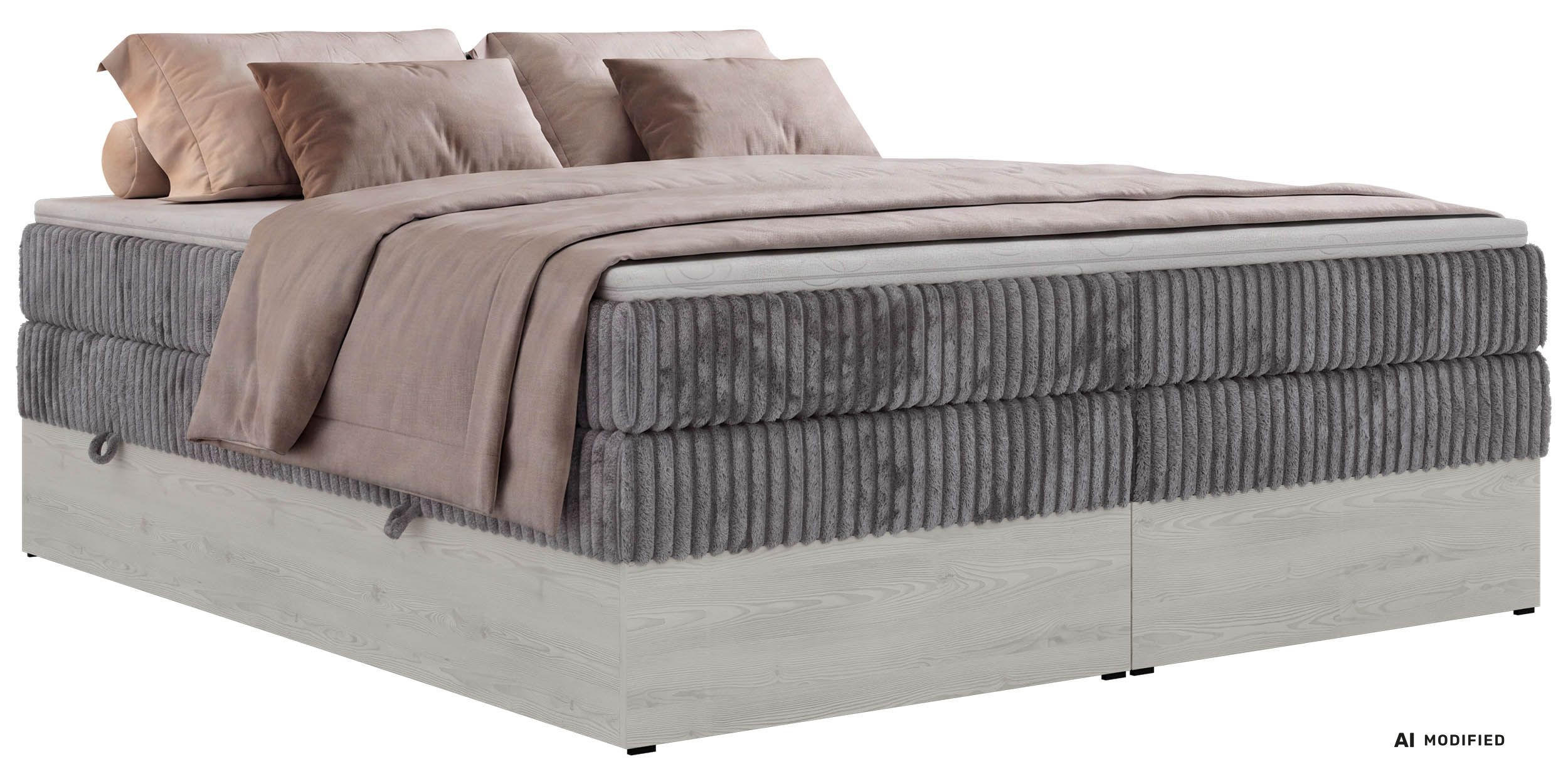 BOXSPRINGBETT NORDIC ZERO KING 200/200 - Grau Cord - Topper Visco - H3 - Schwarz/Grau, Kunststoff/Textil (200/200cm) - MKS